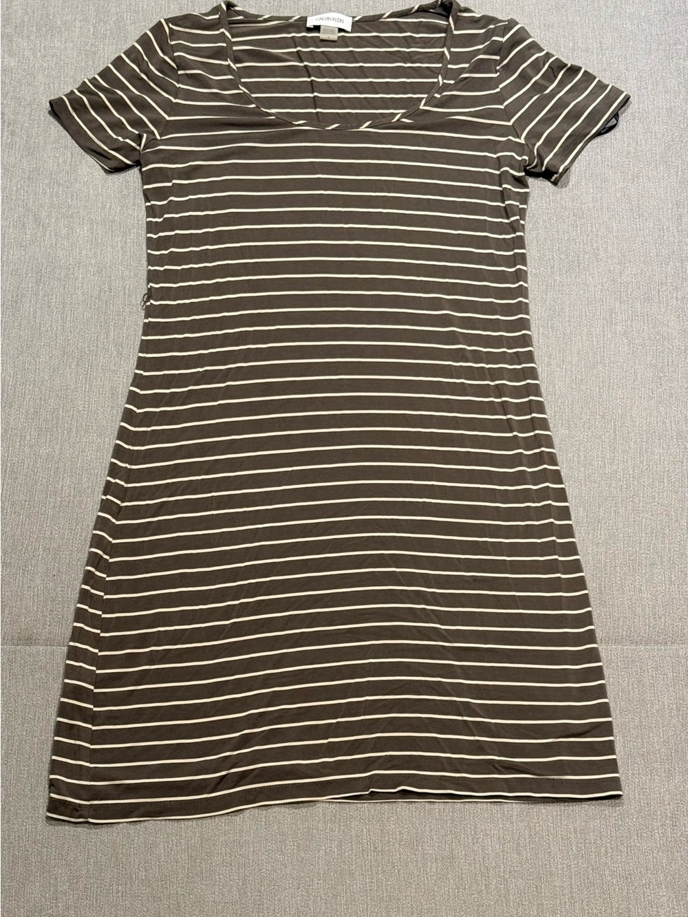 Calvin Klein Olive and Cream Striped Scoop Neck Mini Dress
